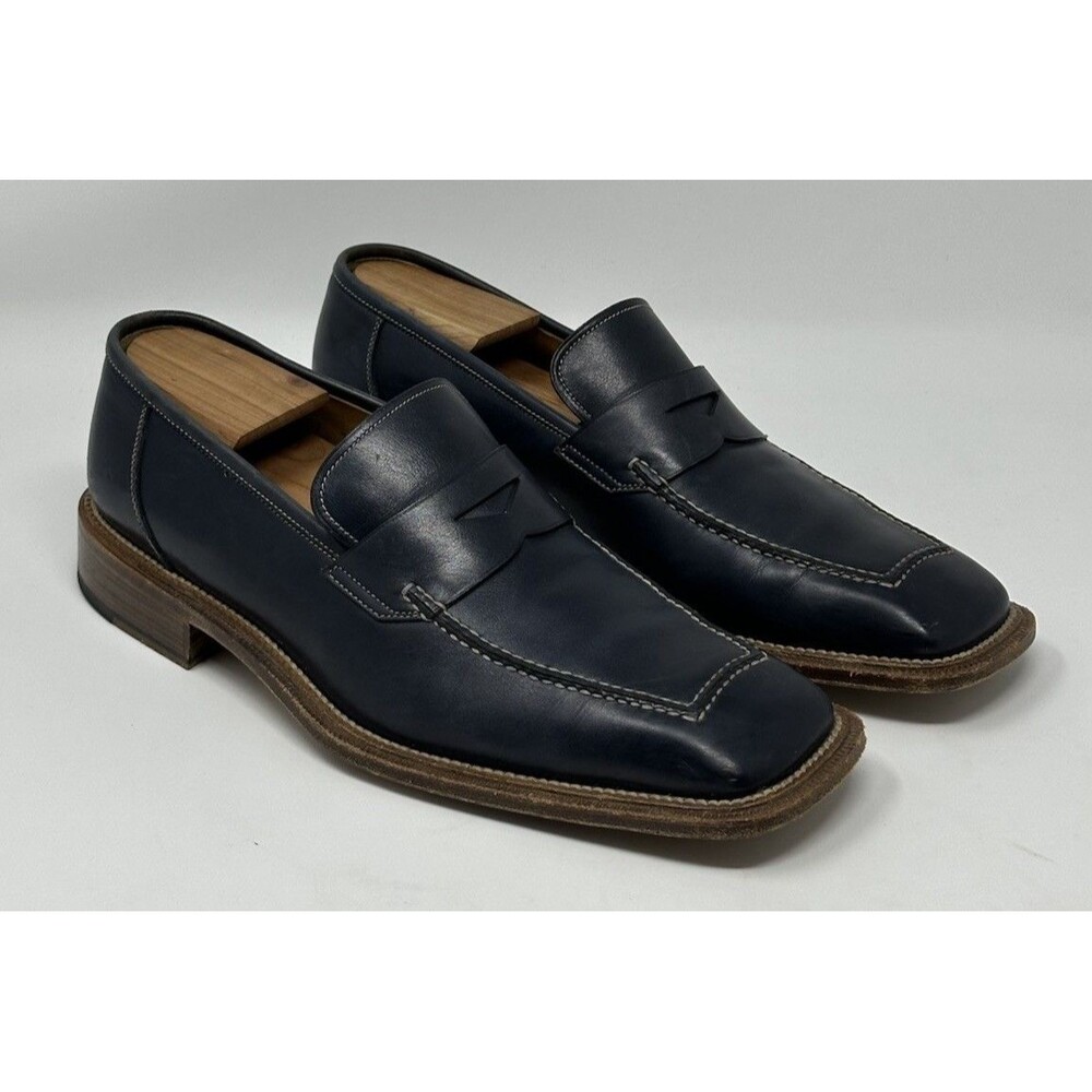 Bruno Magli Navy Blue Leather Penny Loafers